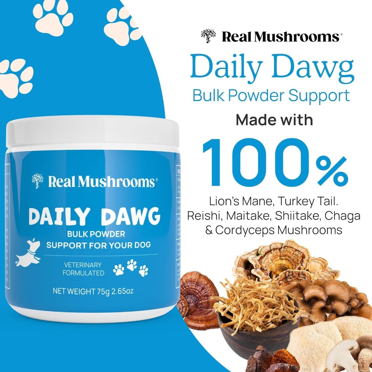 Real Mushrooms Daily Dawg Powder para Mascotas 30 Serving - Hi Vitamins