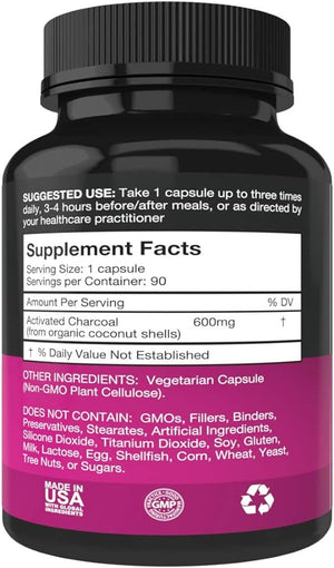 PURE ORGANIC ACTIVATED CHARCOAL 600 MG 90 CAPSULES