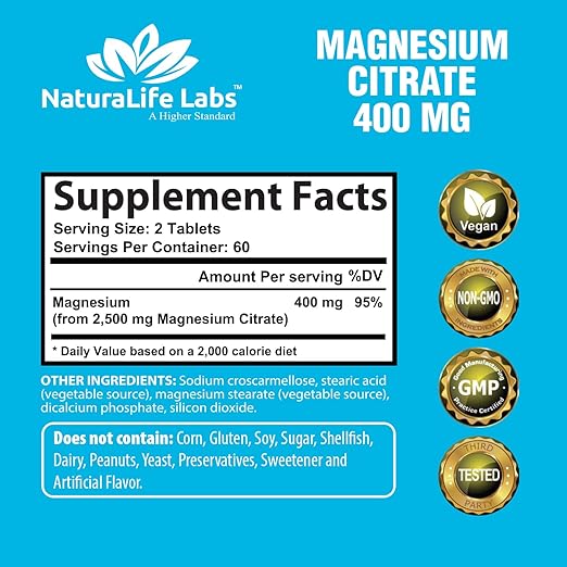 NATURALIFE LABS CITRATO DE MAGNESIO 400 MG 120 TABLETS - Hi Vitamins