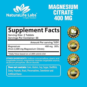 NATURALIFE LABS CITRATO DE MAGNESIO 400 MG 120 TABLETS