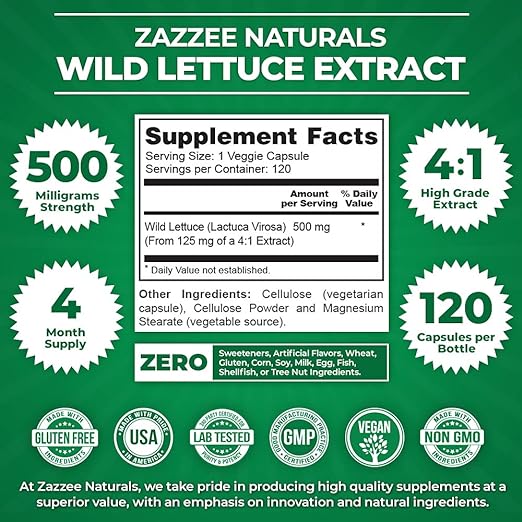 Zazzee Naturals Extracto de Lechuga Silvestre 500 Mg 120 Cápsulas - Hi Vitamins