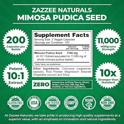 Zazzee Naturals Semilla de Mimosa Pudica 1100mg 200 Cápsulas - Hi Vitamins