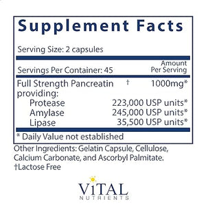 VITAL NUTRIENTS • PANCREATIC ENZYMES 1000 MG FULL STRENGTH 90 CAPSULES