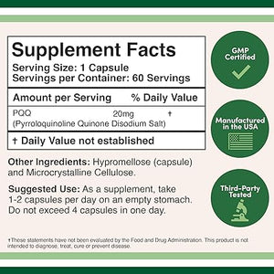 DOUBLE WOOD PQQ PYRROLOQUINOLINE QUINONE 20 MG 60 CAPSULES