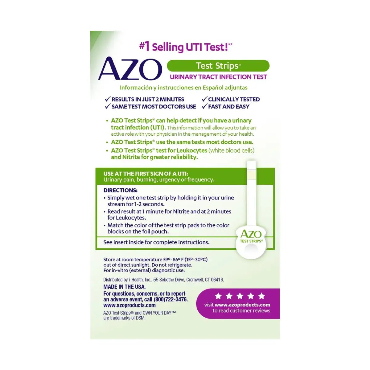 AZO Tiras para Pruebas de Infección del Tracto Urinario - 3 Pruebas de Autodiagnóstico - Hi Vitamins