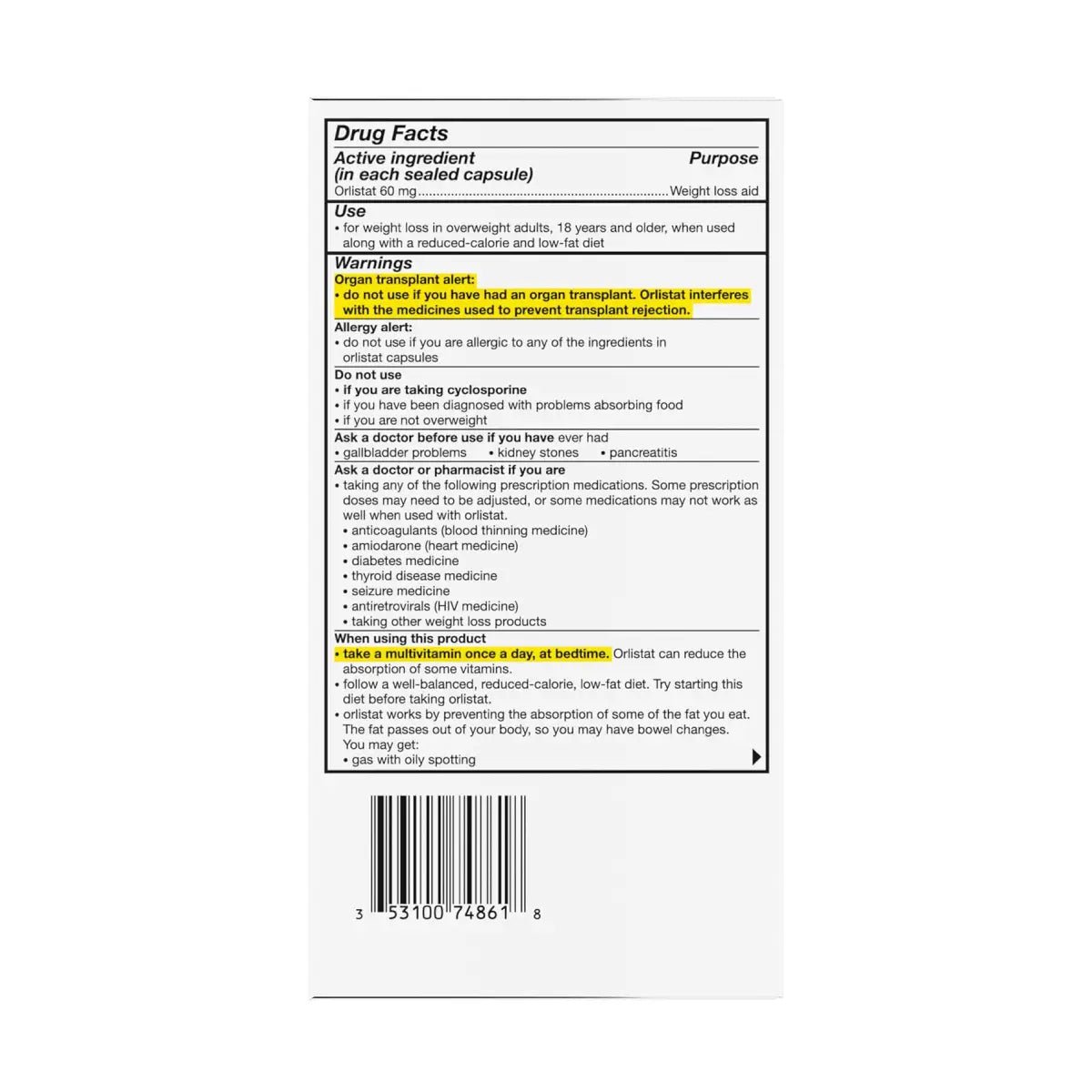 Alli Orlistat Ayuda para Bajar de Peso 60 mg 60 Cápsulas - Hi Vitamins