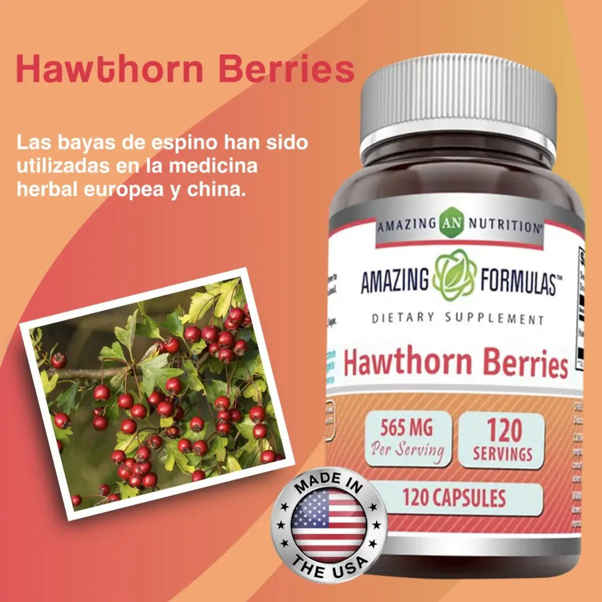 Amazing Formulas Bayas de Espino 565mg 120 Cápsulas - Hi Vitamins