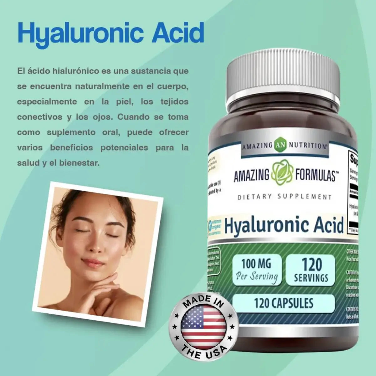 Amazing Nutrition Ácido Hialurónico 100mg 120 Cápsulas - Hi Vitamins
