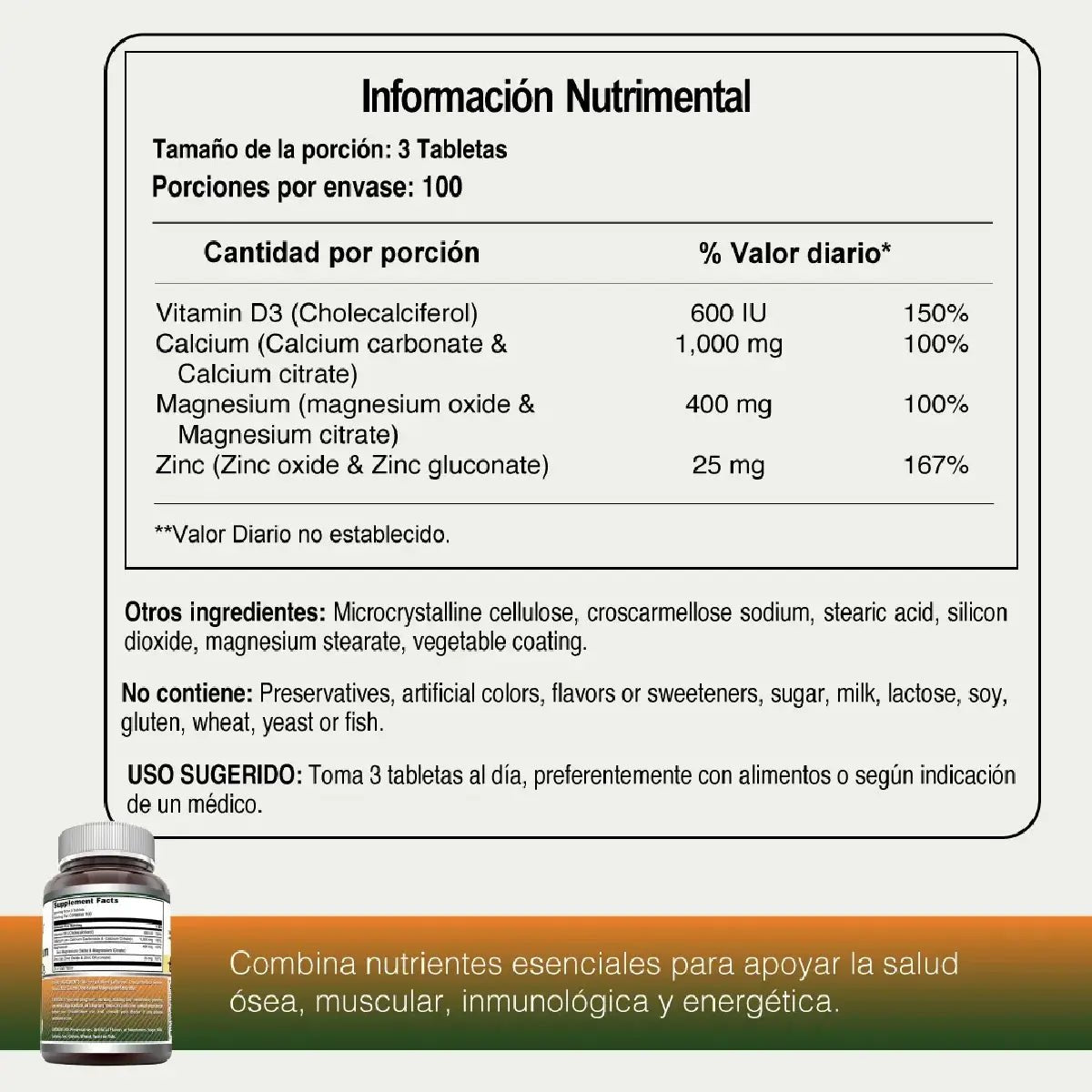 Amazing Nutrition Calcio Magnesio Zinc + Vitamina D3 300 Tabletas - Hi Vitamins