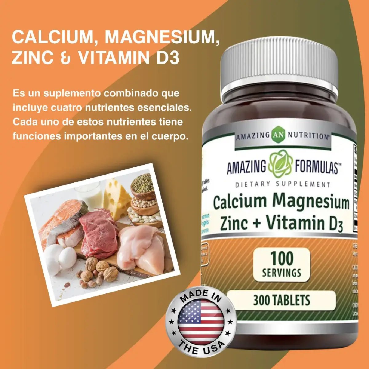Amazing Nutrition Calcio Magnesio Zinc + Vitamina D3 300 Tabletas - Hi Vitamins
