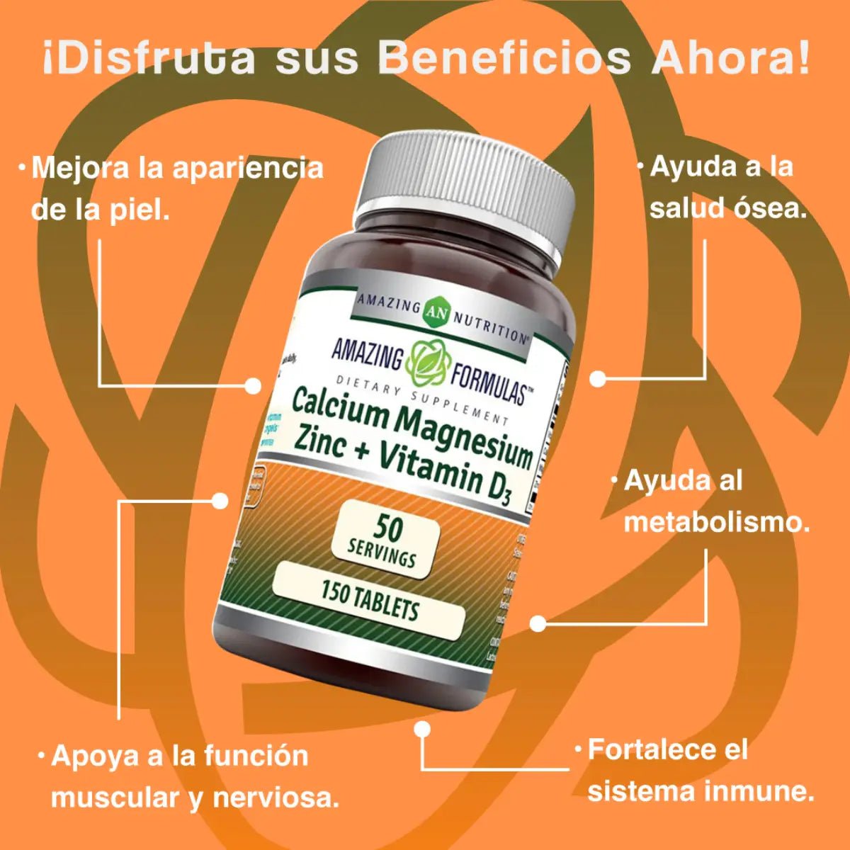 Amazing Nutrition Calcio, Magnesio, Zinc + Vitamina D3 150 Tabletas - Hi Vitamins