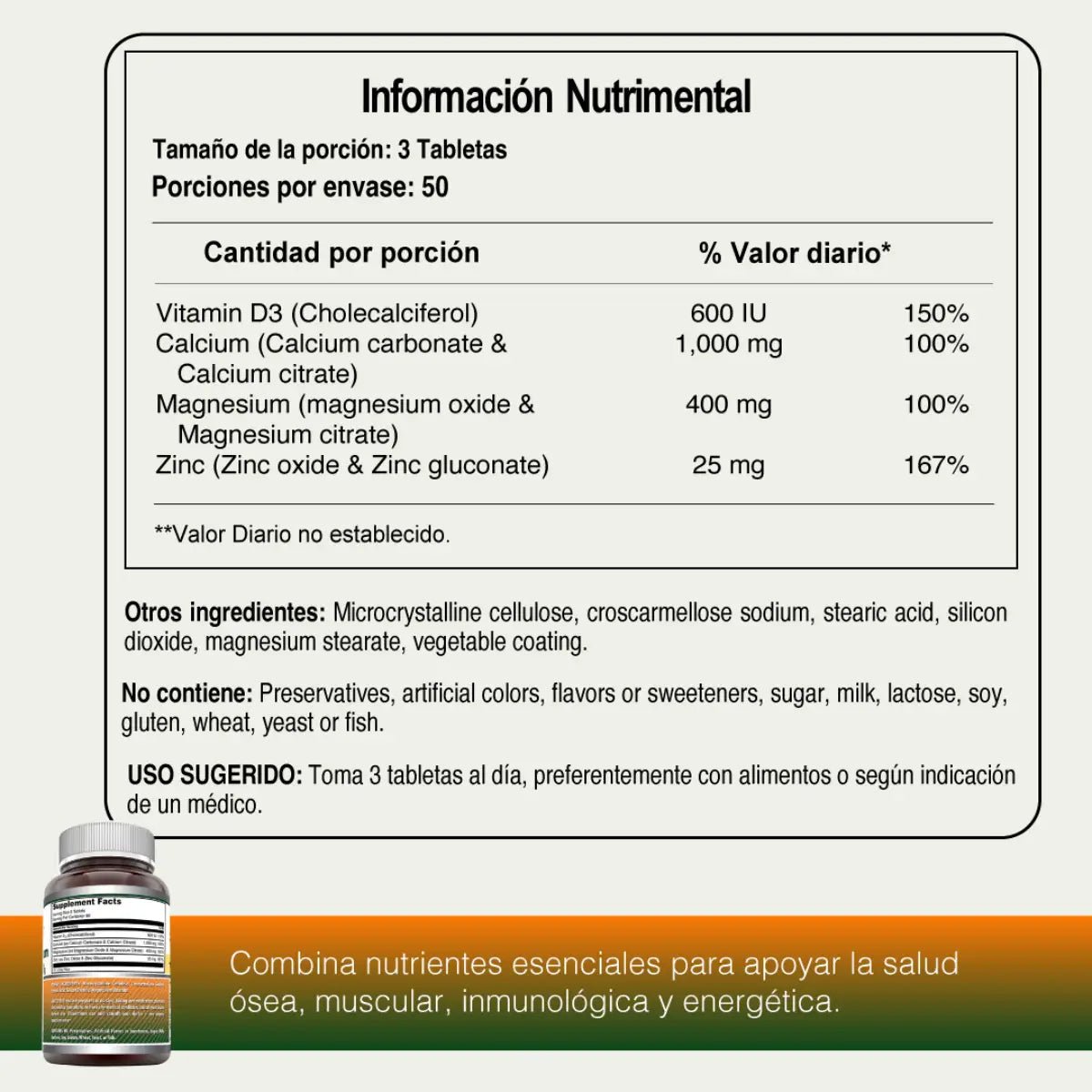 Amazing Nutrition Calcio, Magnesio, Zinc + Vitamina D3 150 Tabletas - Hi Vitamins