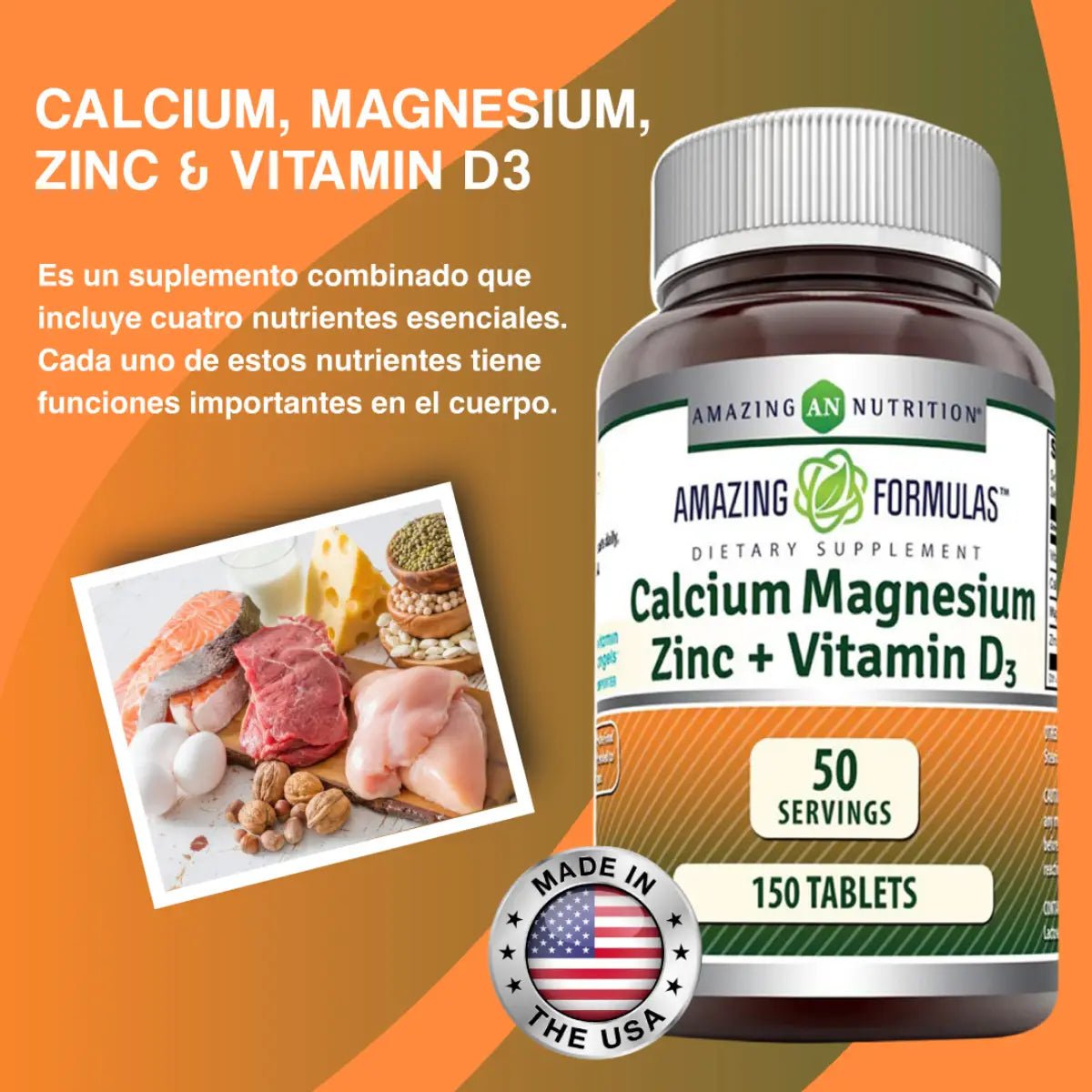Amazing Nutrition Calcio, Magnesio, Zinc + Vitamina D3 150 Tabletas - Hi Vitamins