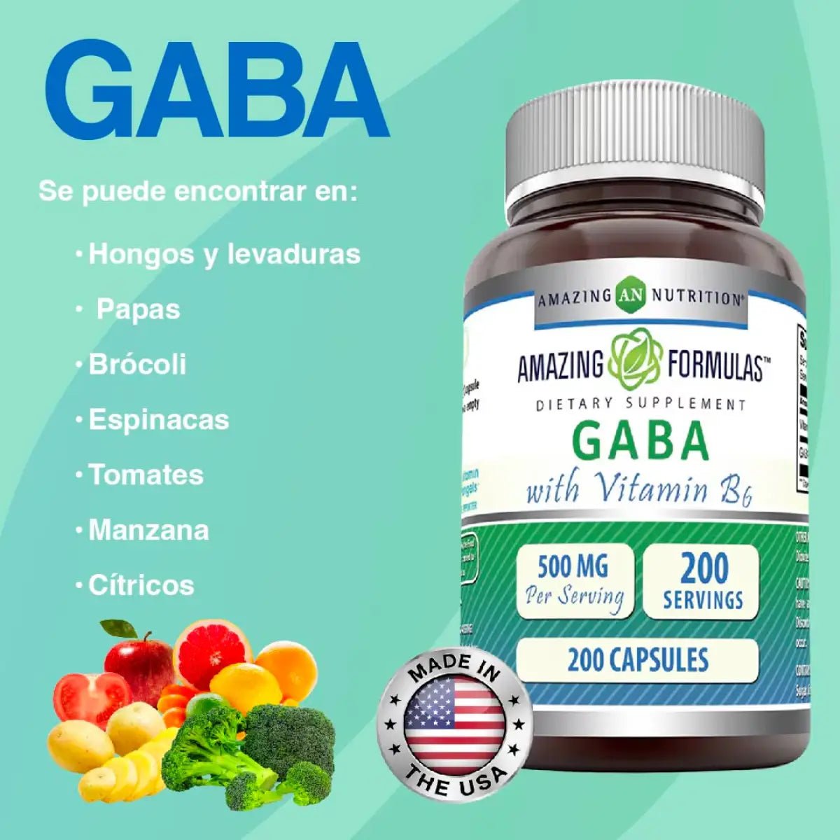 Amazing Nutrition GABA con Vitamina B 500mg 200 Cápsulas - Hi Vitamins