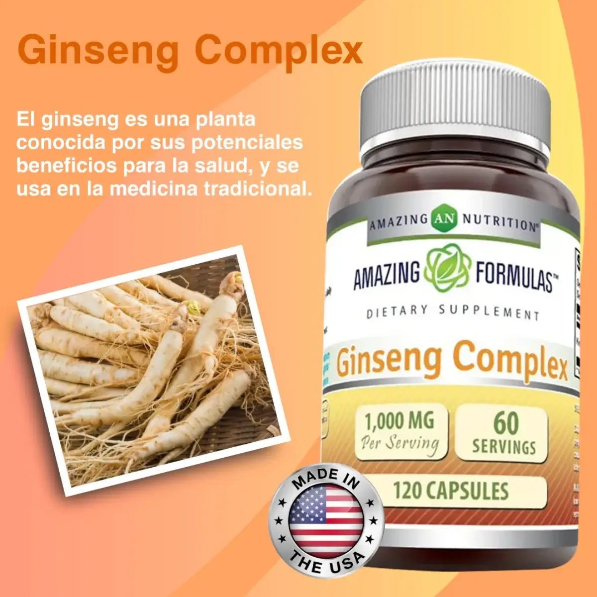 Amazing Nutrition Ginseng Complex 1000mg 120 Cápsulas - Hi Vitamins