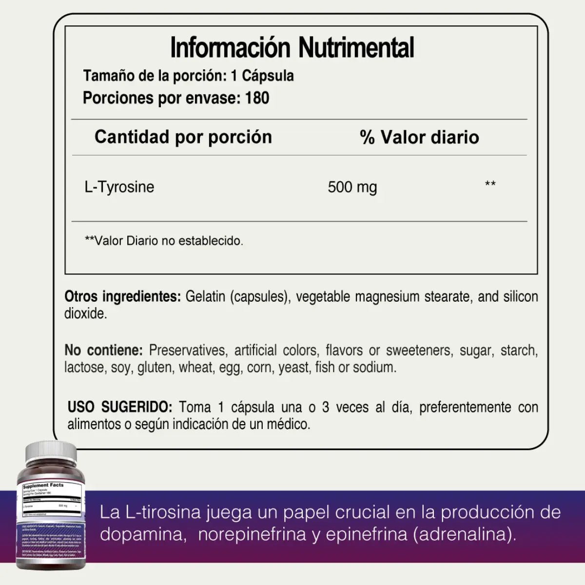 Amazing Nutrition L - Tyrosine 500mg 180 Cápsulas - Hi Vitamins