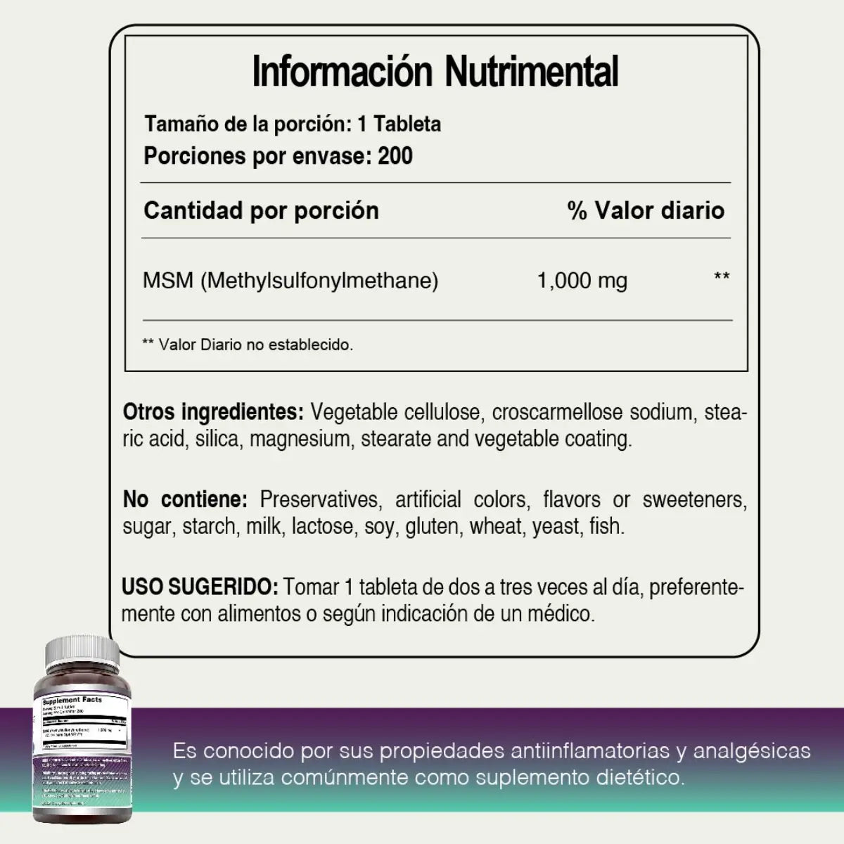 Tabla nutricional - Amazing Nutrition MSM 1000 Mg 200 Tabletas - Hi Vitamins. Envíos a todo México.