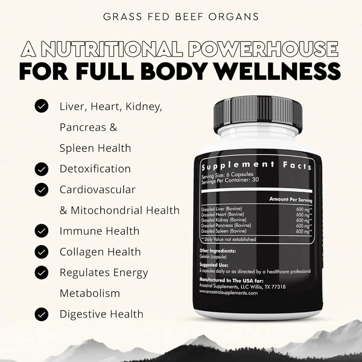 Ancestral Supplements Grass - Fed Beef Organs 180 Cápsulas - Hi Vitamins