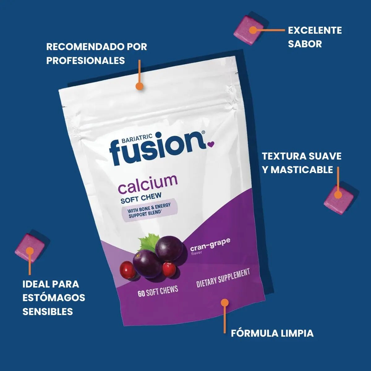 Bariatric Fusion Citrato de Calcio con Vitamina D3 60 Chews sabor Cran Grape - Hi Vitamins