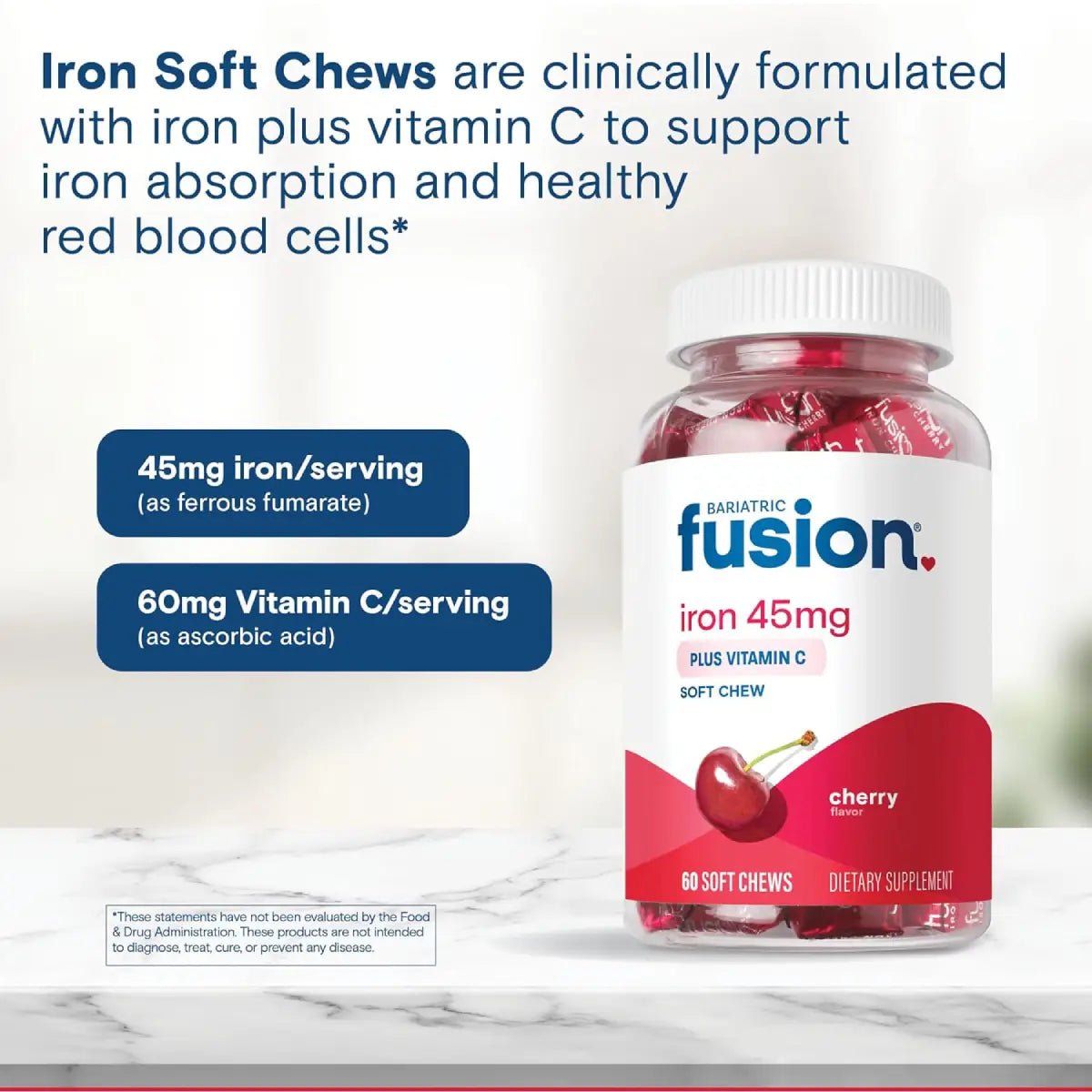 Bariatric Fusion® Hierro 45mg + Vitamina C 60 Masticables Sabor Cereza - Hi Vitamins