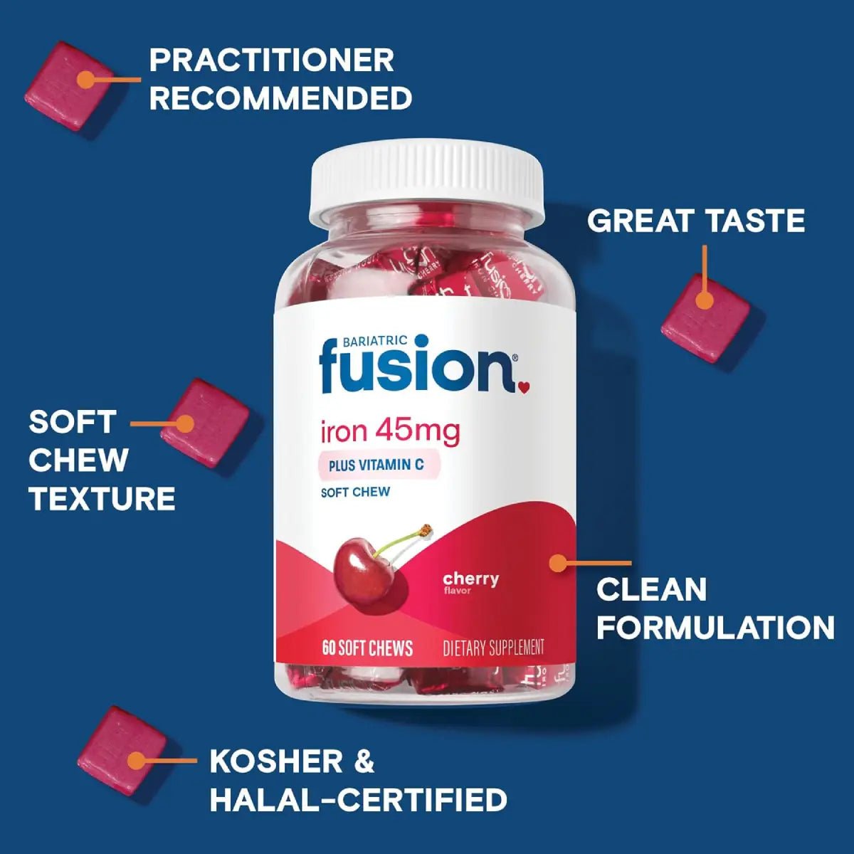 Bariatric Fusion® Hierro 45mg + Vitamina C 60 Masticables Sabor Cereza - Hi Vitamins