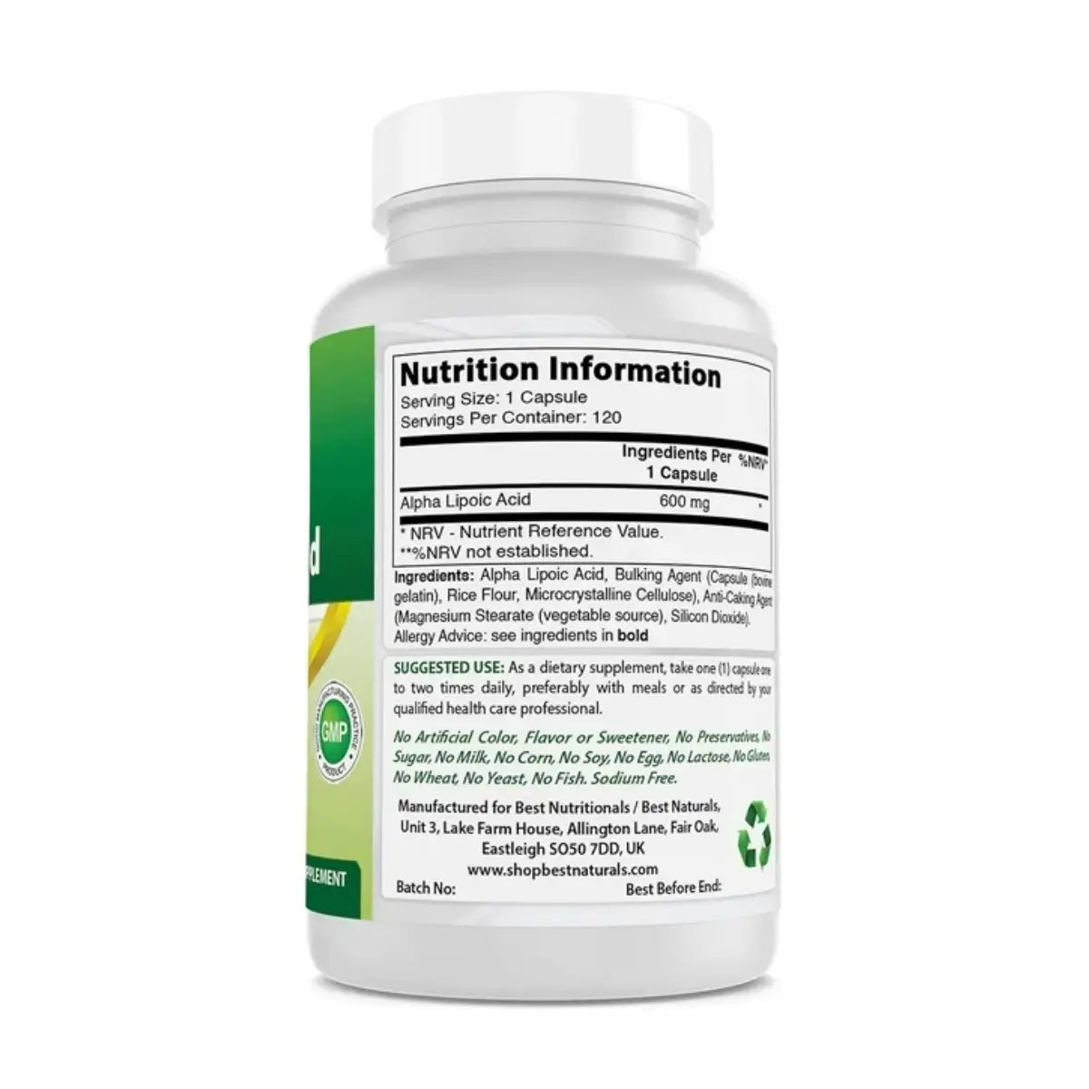 Best Naturals Ácido Alfa Lipoico 600 Mg 120 Cápsulas - Hi Vitamins