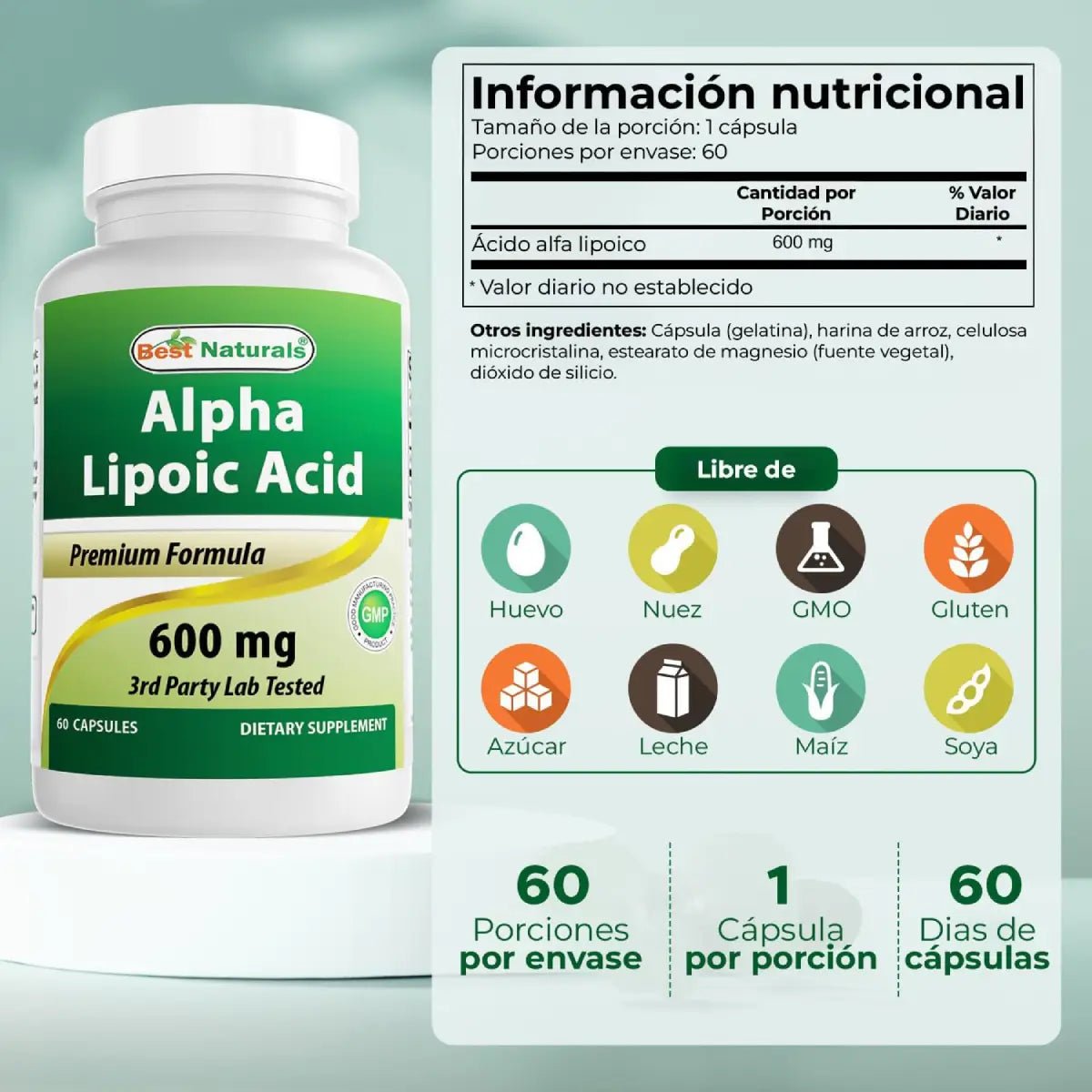 Best Naturals Ácido Alfa Lipoico 600 mg 60 cápsulas - Hi Vitamins
