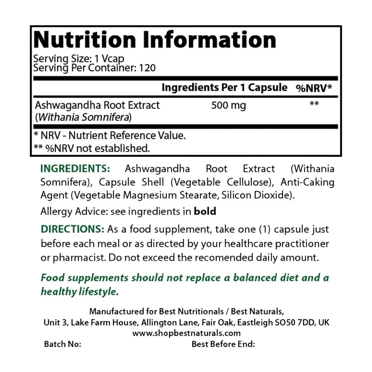 Best Naturals Ashwagandha 500 Mg 120 Cápsulas - Hi Vitamins