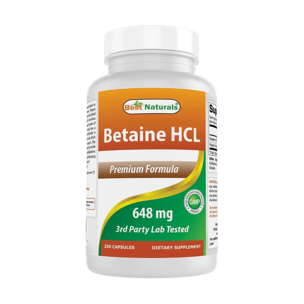 Best Naturals Betaine HCL 648 Mg 250 Cápsulas - Hi Vitamins