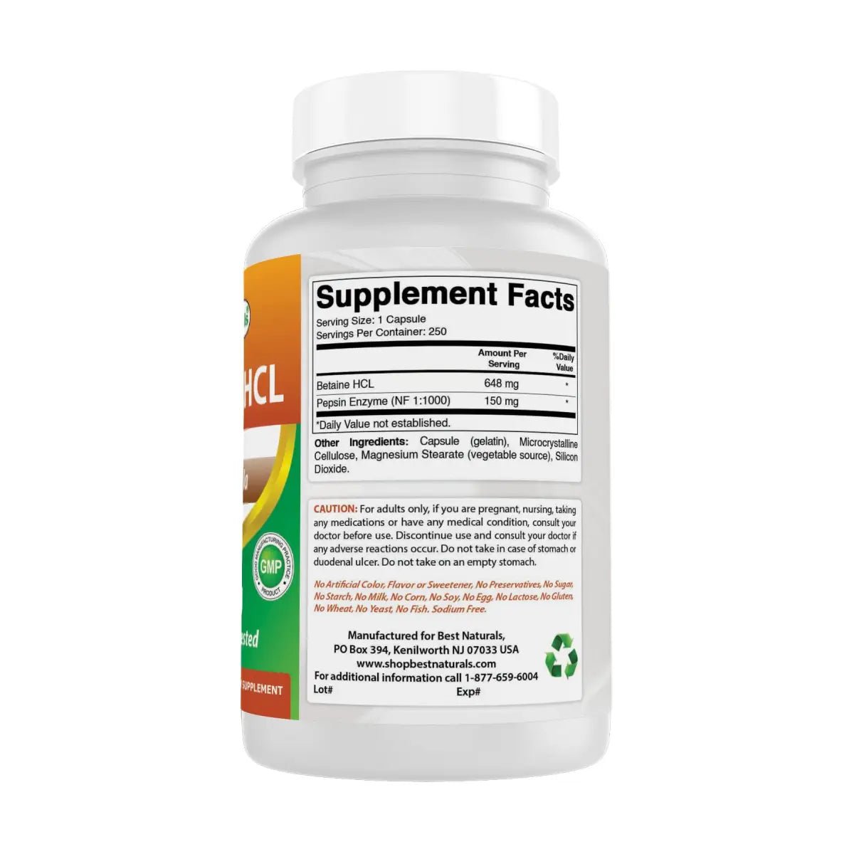 Best Naturals Betaine HCL 648 Mg 250 Cápsulas - Hi Vitamins