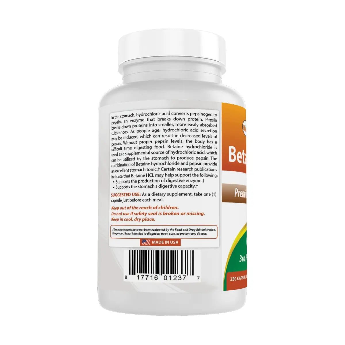 Best Naturals Betaine HCL 648 Mg 250 Cápsulas - Hi Vitamins