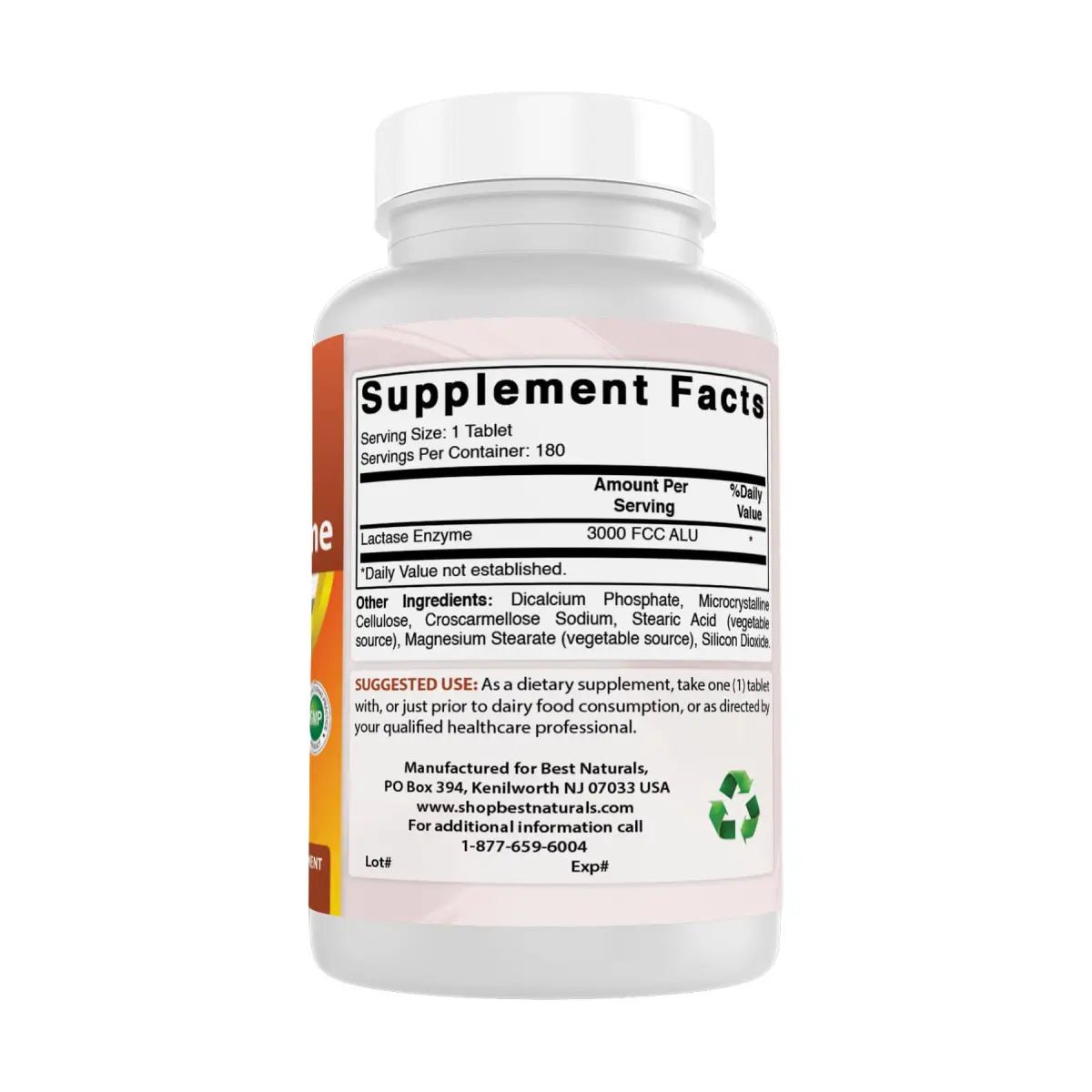 Best Naturals Enzima Lactasa Natural 3000 FCC ALU 180 Tabletas - Hi Vitamins