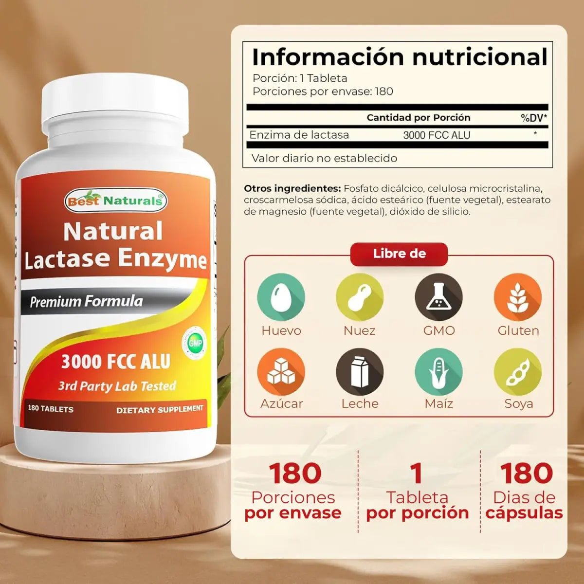 Best Naturals Enzima Lactasa Natural 3000 FCC ALU 180 Tabletas - Hi Vitamins