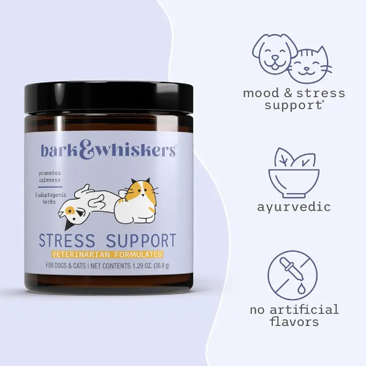 Dr. Mercola Bark & Whiskers Stress Support 36.8 g Suplemento en Polvo para Perros y Gatos Apoyo Calma y Bienestar Emocional