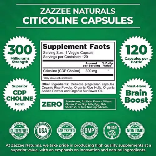 Zazzee Naturals Citicoline (Cdp Choline) 500 mg 100 Capsules