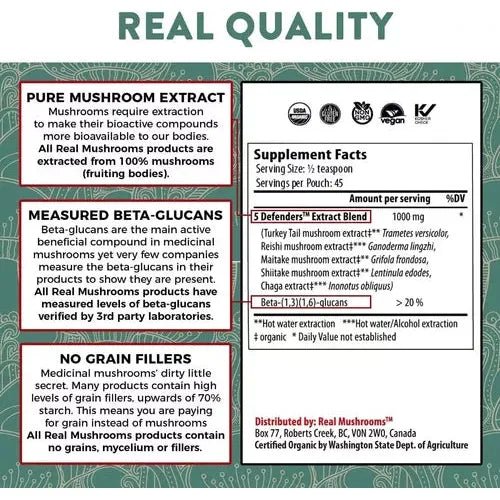 Real Mushrooms 5 Defenders Immune Strength 1.59 oz 45 Porciones - Hi Vitamins