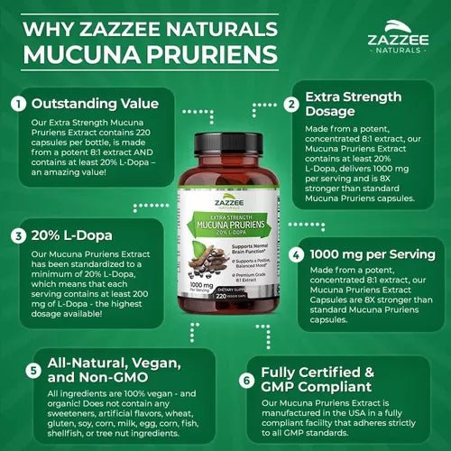 ZAZZEE NATURALS EXTRA STRENGTH MUCUNA PRURIENS 1000 MG 220 CAPSULES - Hi Vitamins