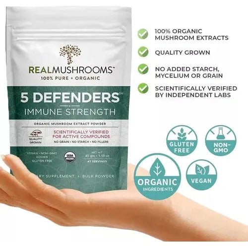 Real Mushrooms 5 Defenders Immune Strength 1.59 oz 45 Porciones - Hi Vitamins