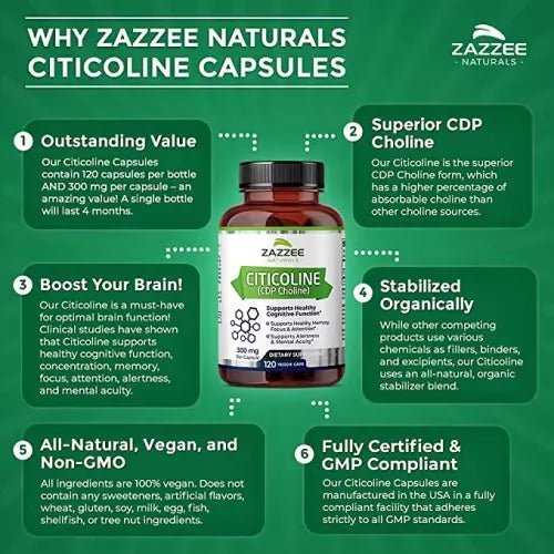 Zazzee Naturals Citicoline (Cdp Choline) 500 mg 100 Cápsulas - Hi Vitamins