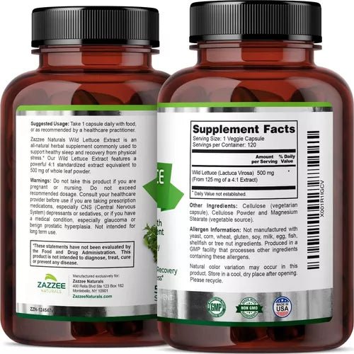 Zazzee Naturals Extracto de Lechuga Silvestre 500 Mg 120 Cápsulas - Hi Vitamins