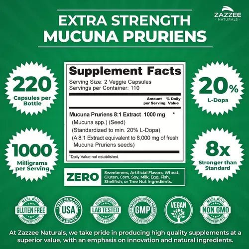 ZAZZEE NATURALS EXTRA STRENGTH MUCUNA PRURIENS 1000 MG 220 CAPSULES - Hi Vitamins