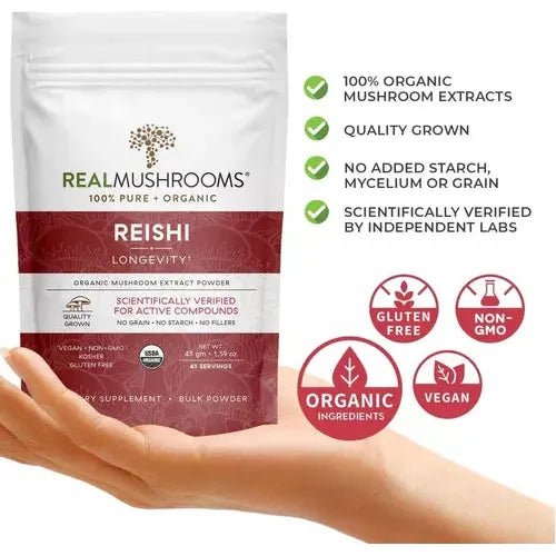 Real Mushrooms Reishi Longevity 1.59oz 45 Poriciones - Hi Vitamins