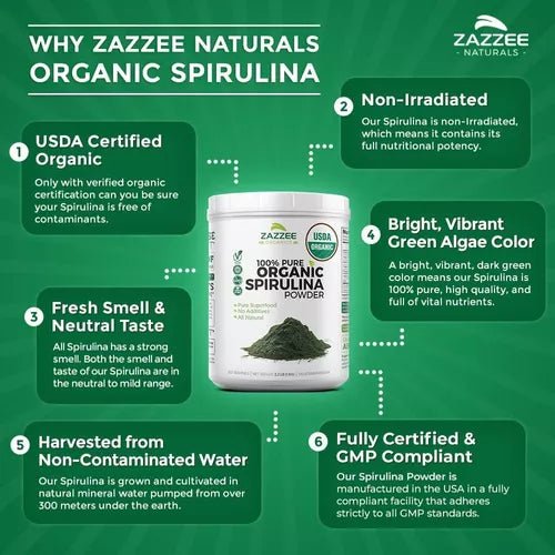 Zazzee Naturals Espirulina Orgánica en Polvo 1kg - Hi Vitamins