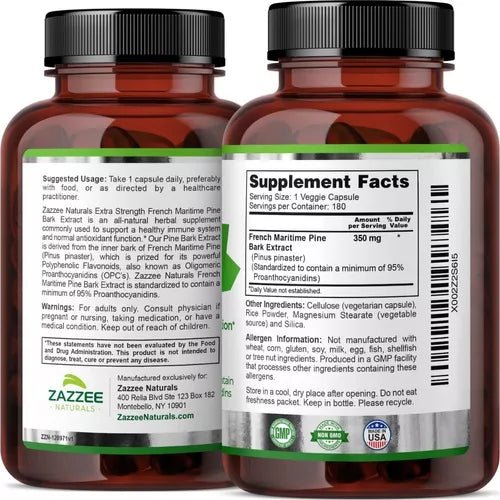 Zazzee Naturals Extracto De Corteza De Pino Marítimo Francés 350 Mg 180 Cápsulas - Hi Vitamins