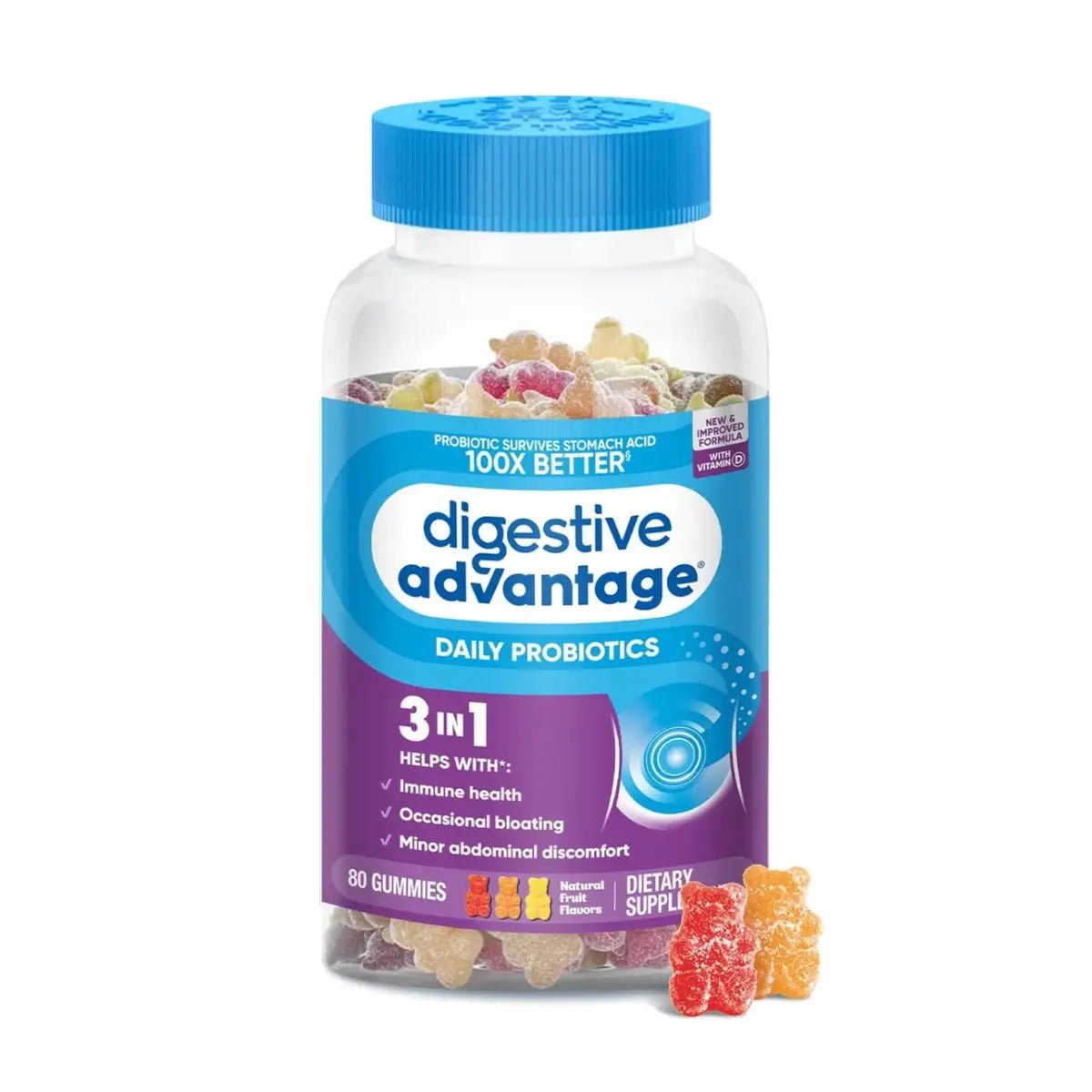 Digestive Advantage® Probióticos 3 en 1 con Vitamina D 80 Gomitas - Hi Vitamins