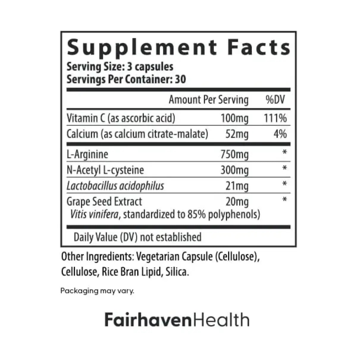 Tabla nutricional - Fairhaven Health FertileCM para Mujer 90 Cápsulas - Hi Vitamins. Envíos a todo México.