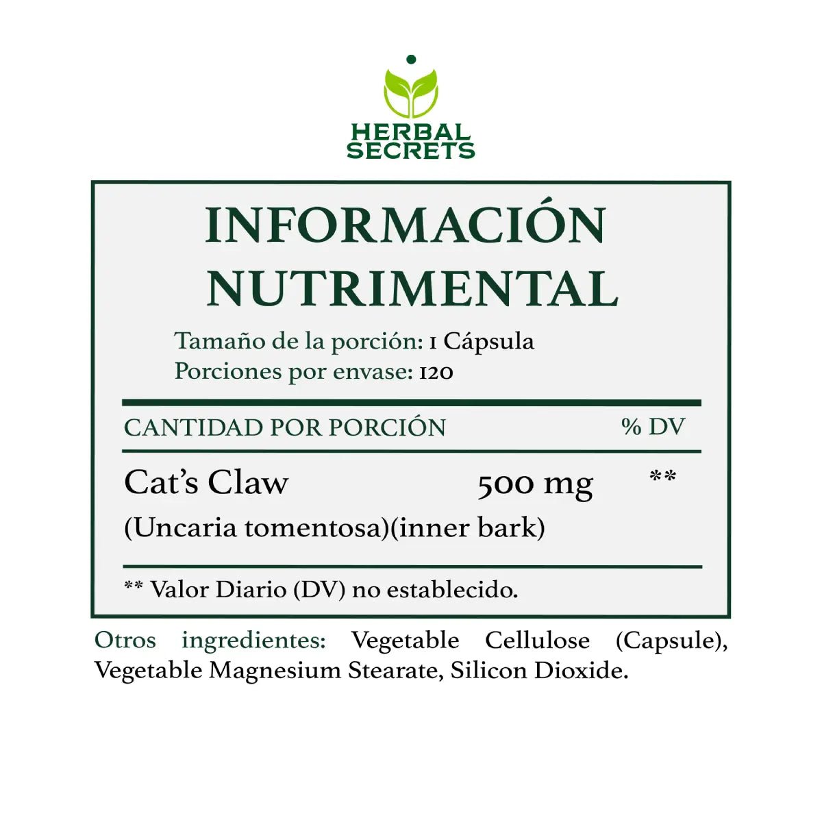 Herbal Secrets Cat's Claw Bark 120 Cápsulas - Hi Vitamins