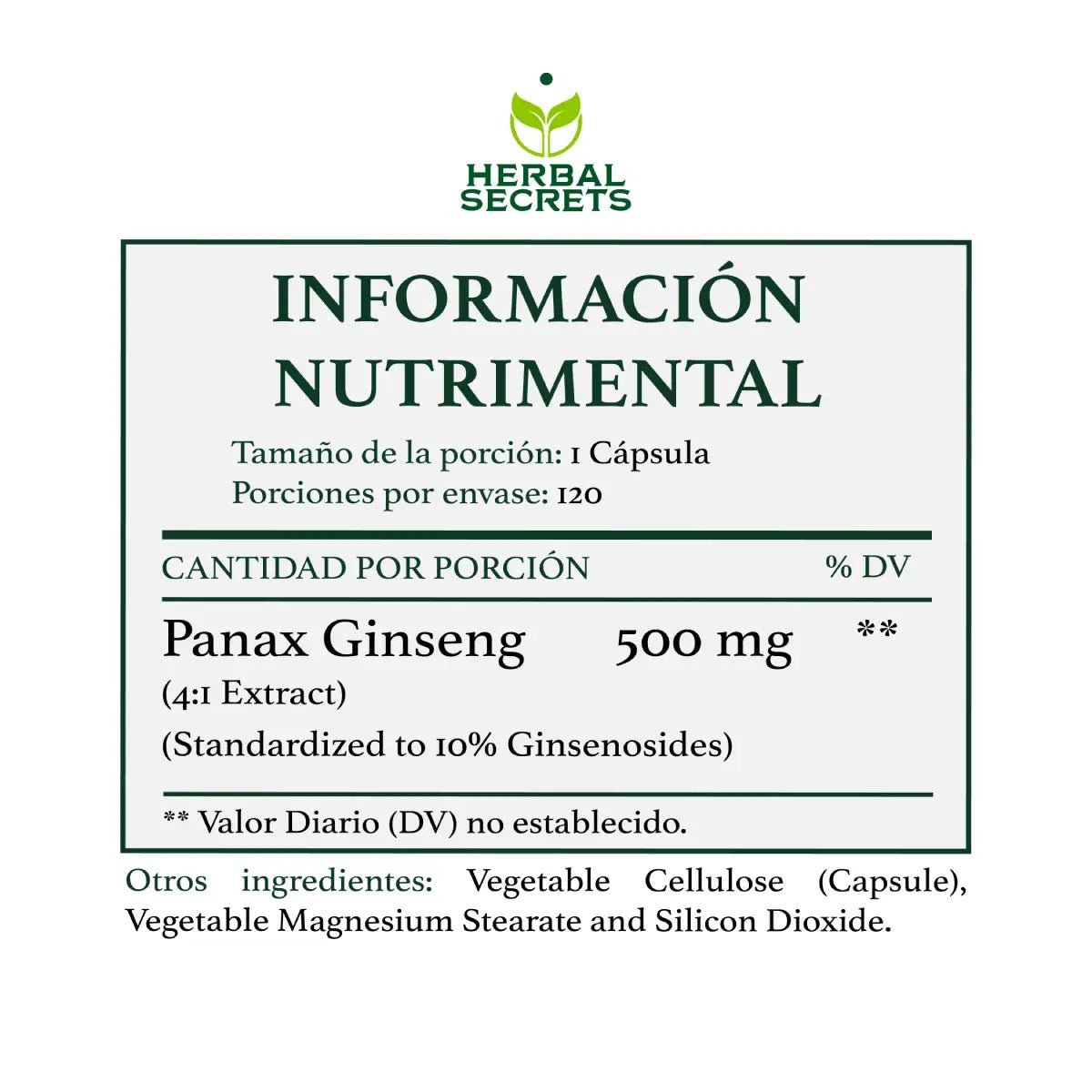 Herbal Secrets® Panax Ginseng 500mg 120 Cápsulas - Hi Vitamins
