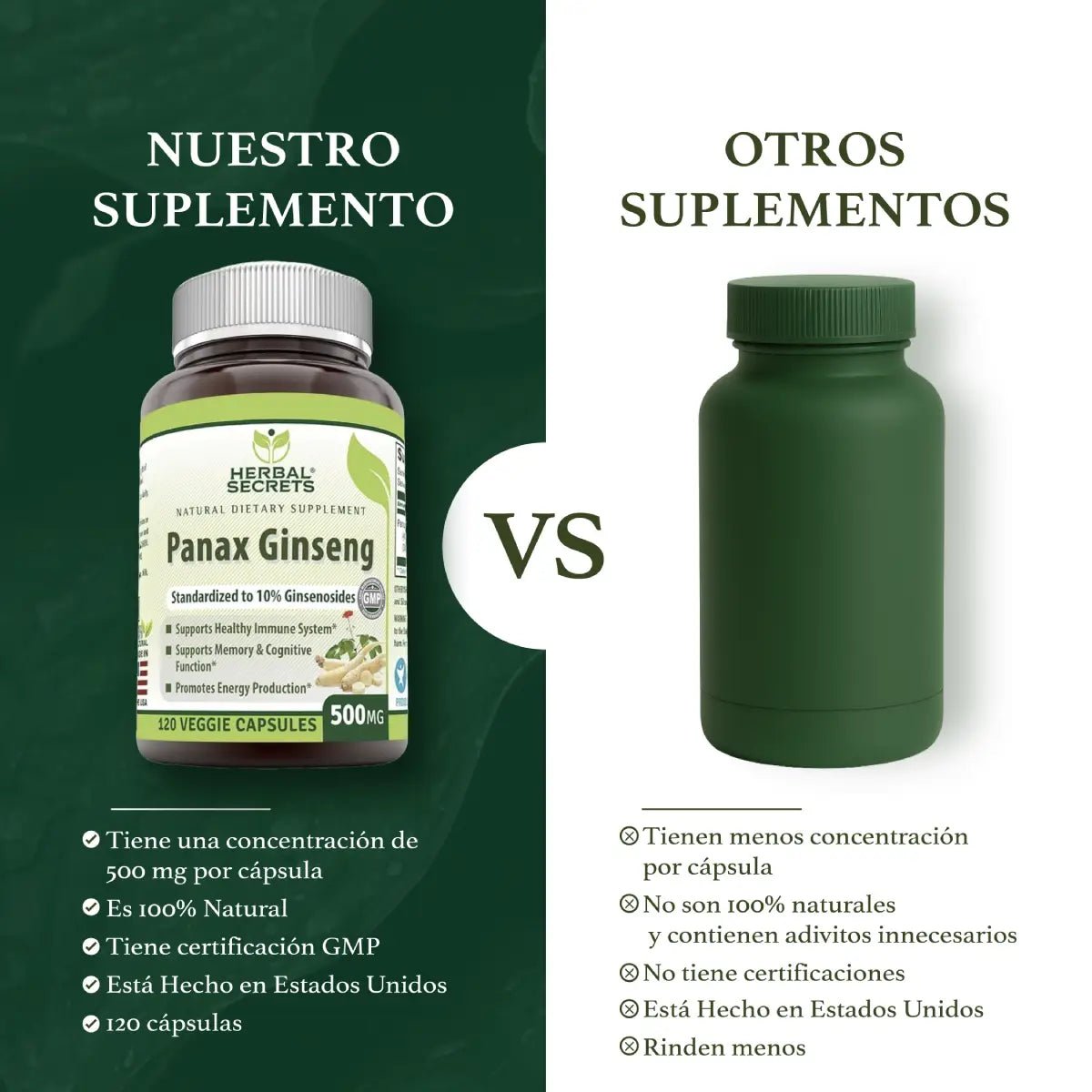 Herbal Secrets® Panax Ginseng 500mg 120 Cápsulas - Hi Vitamins