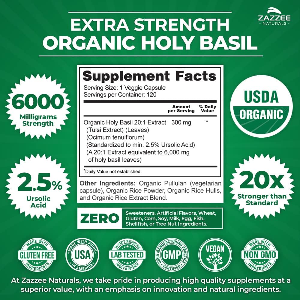 Zazzee Naturals Organic Holy Basil 6000mg 120 Cápsulas - Hi Vitamins